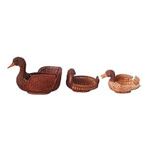 Vintage Wicker Ducks Geese Baskets Wooden Beaks Set Of 3